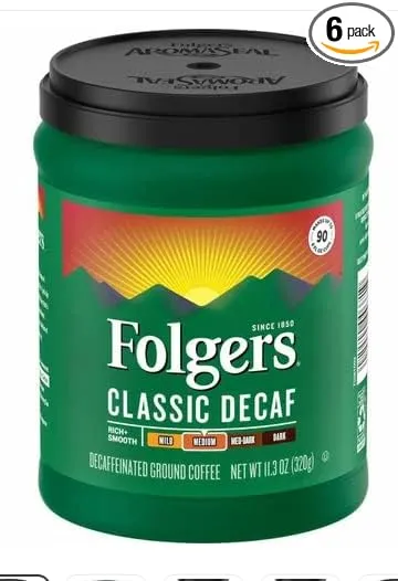 Folgers Decaf Coffee, Ground Coffee, Classic Medium Roast, 9.6 Ounce Canister (Pack of 6)