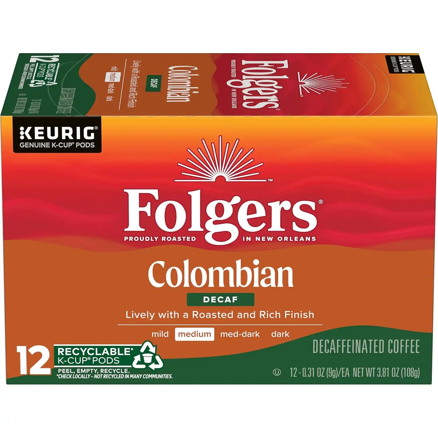 Folgers Colombian Decaf Medium Roast Coffee, 12 Keurig K-Cup Pods