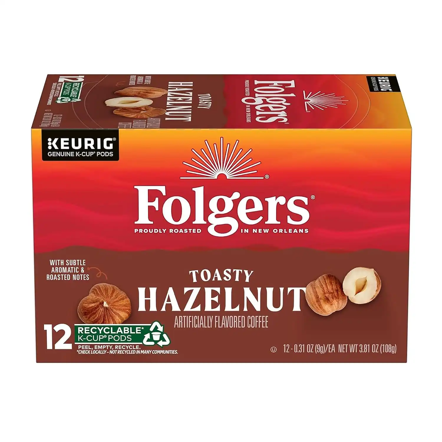 Folgers Toasty Hazelnut Artificially Flavored Coffee, K-Cup Pods, 12 Count