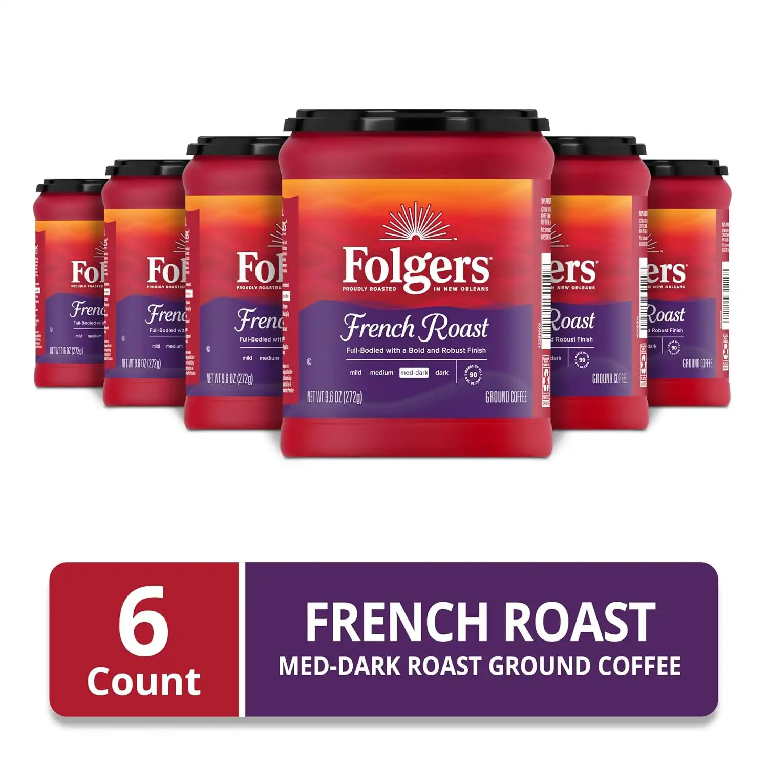 Alternative view of Folgers French Roast Ground Coffee, Medium-Dark, 6 (9.6 Oz.) Canisters