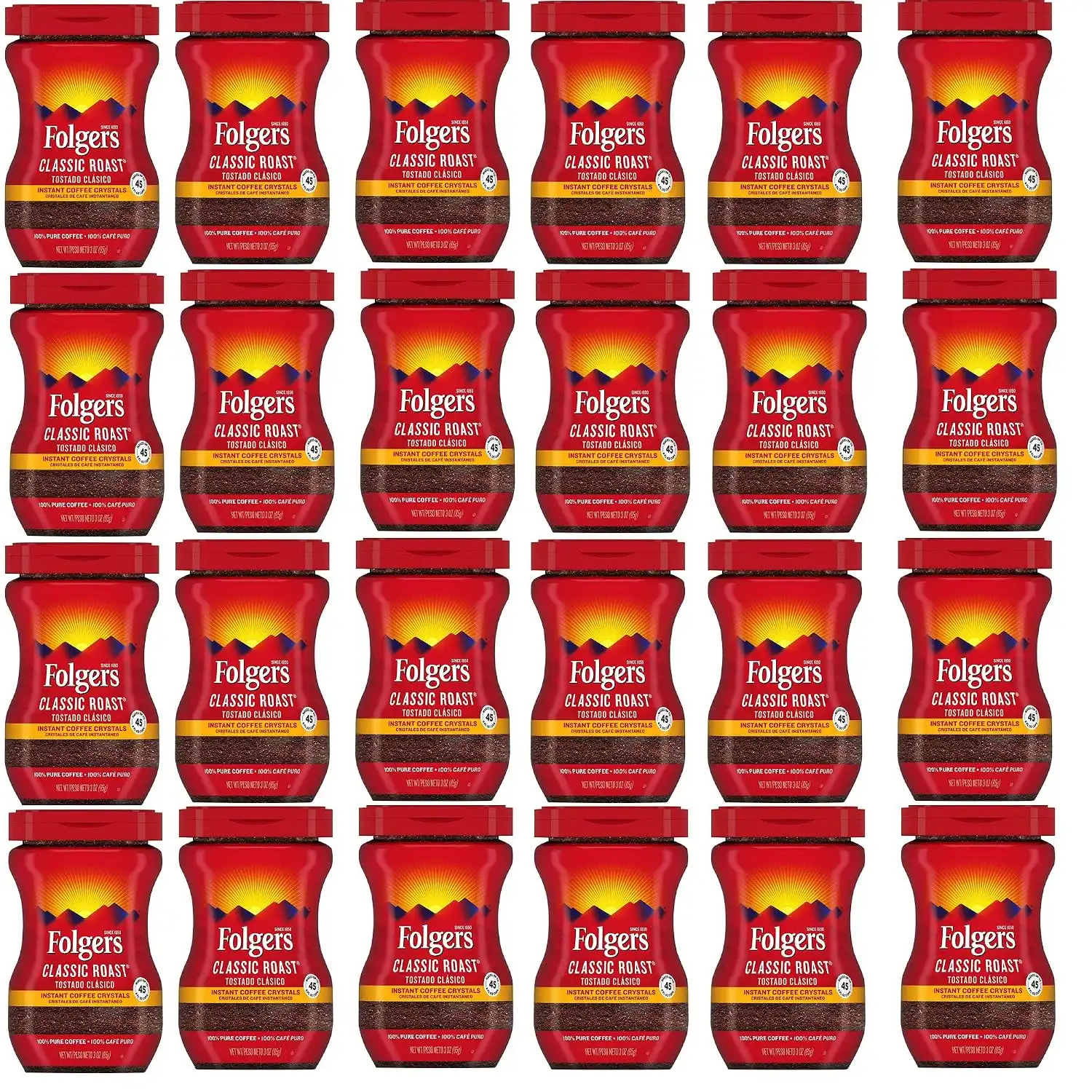 Folgers 20083 Classic Roast Instant Coffee Crystals, 3 Ounces, 100% Pure Coffee, Medium Roast, Easy-open Flip Top Lid, Portable Plastic Jar, Pack of 24